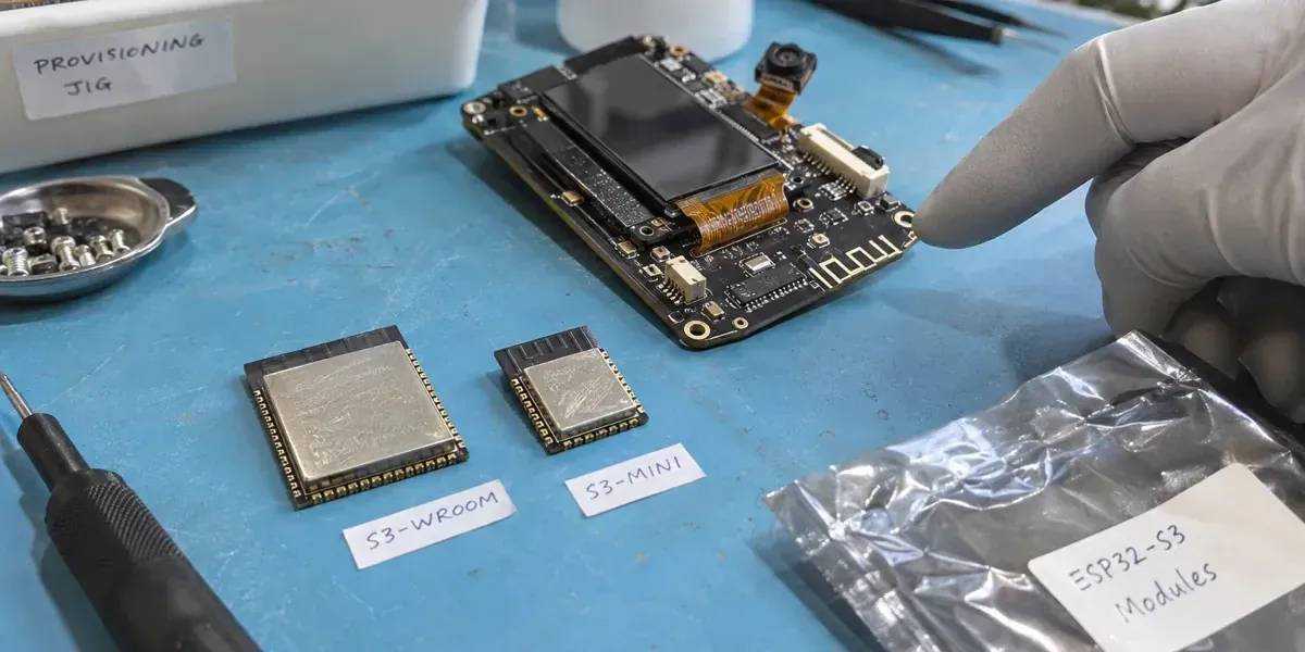 AI 生成的 ESP32-S3 模组选型工作台场景，非目标板实测照片
