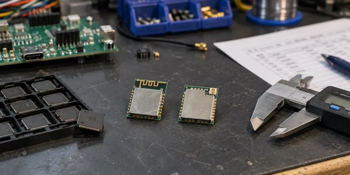 工程人员在工作台对照 ESP32 芯片、板载天线模组和外接天线模组