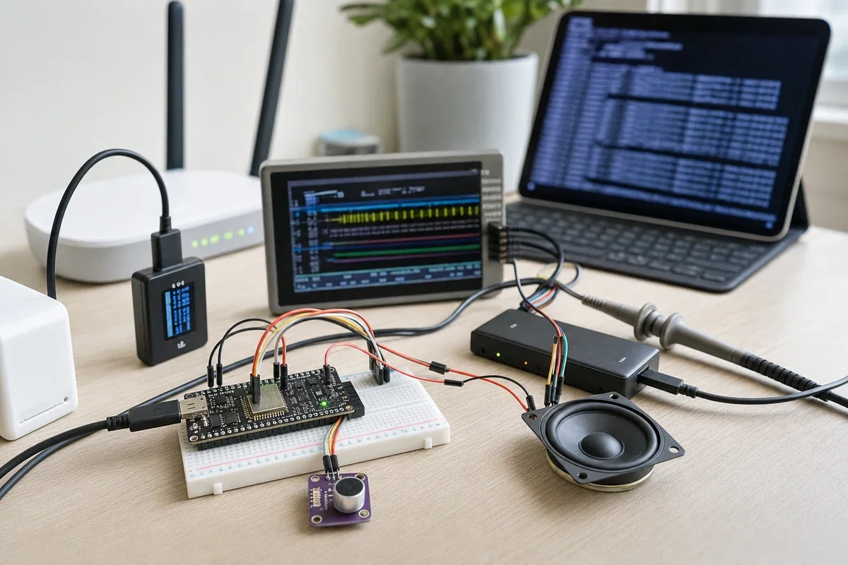ESPHome voice satellite Wi-Fi and audio bench