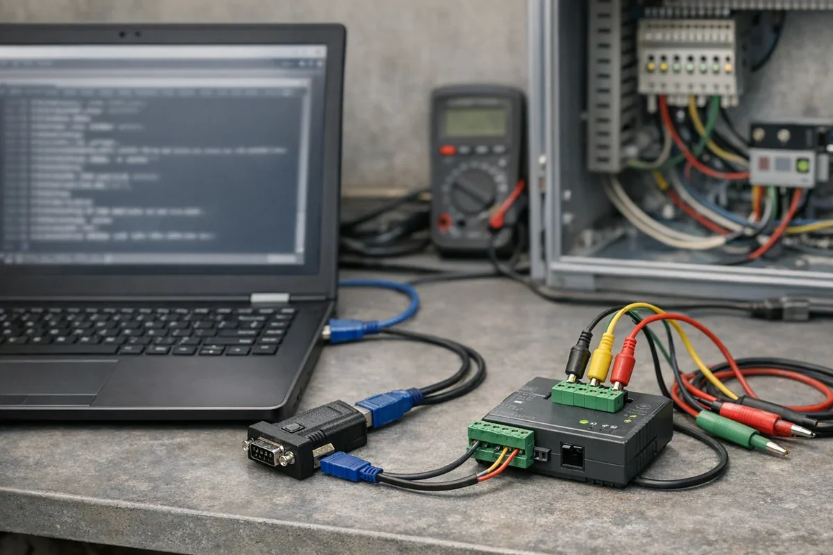 Serial and Modbus debugging bench with laptop, USB serial adapter and RS485 gateway