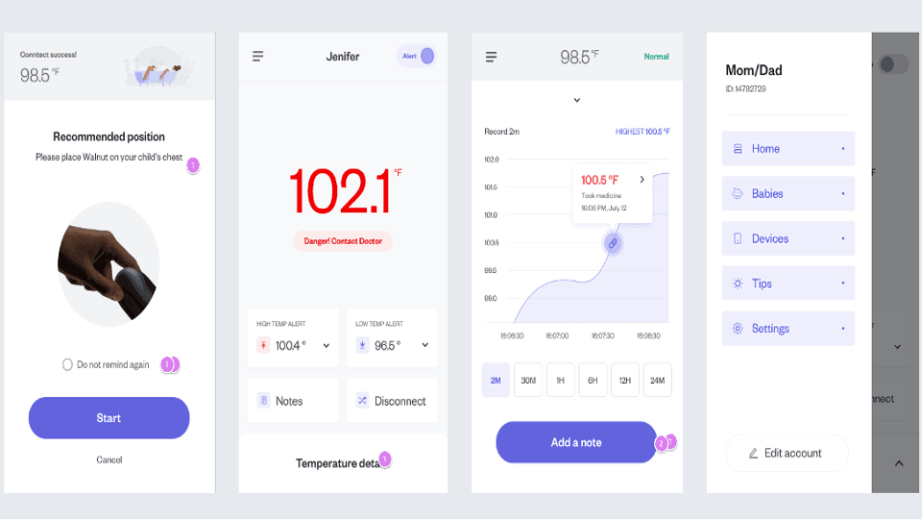 智能温度贴手机 APP 的连接、测温与数据记录界面